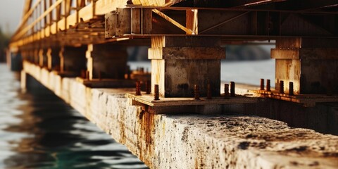 Fototapeta premium A picturesque wooden bridge spanning over a serene body of water. Perfect for nature and landscape themes