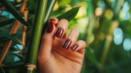 A woman's hand with a red manicure holding a bamboo plant. This image can be used to represent...