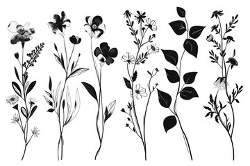Black and white flowers and leaves on a white background. Suitable for various design projects