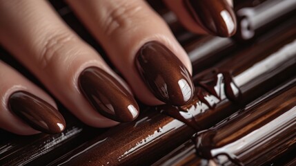 A close-up view of a hand showcasing a beautiful brown nail polish. Perfect for beauty and fashion-related projects