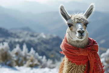 Foto op Plexiglas A llama dressed in a red scarf standing in the snow. This image can be used to depict winter, animals, fashion, or outdoor activities © Fotograf