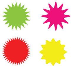 Set of vector starburst, sunburst badges. Different color. Simple flat style Vintage labels. Colored stickers 