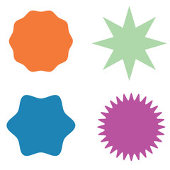 Set of vector starburst, sunburst badges. Different color. Simple flat style Vintage labels. Colored stickers 