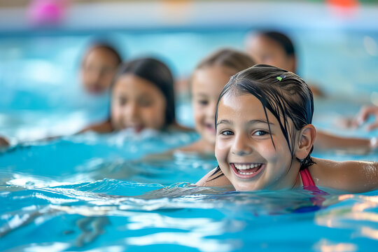 Diverse young children enjoying swimming lessons in pool, learning water safety skills, showing joy and camaraderie, representing a healthy lifestyle.	
