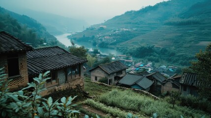 A scenic view of a village with a river in the background. Ideal for travel brochures or nature-themed designs