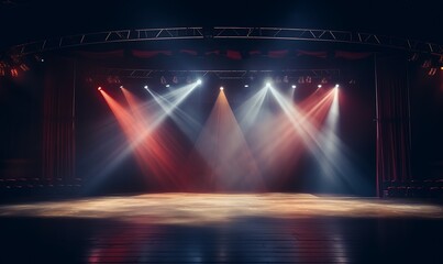 Theater stage lights background with spotlights illuminating the stage for opera performance. Stage lighting. Empty stage with bright color background decoration. Entertainment show. Generative Ai
 - obrazy, fototapety, plakaty