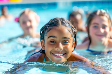 Diverse young children enjoying swimming lessons in pool, learning water safety skills, showing joy and camaraderie, representing a healthy lifestyle.