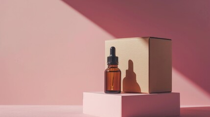 A bottle of essential oil placed next to a box. Perfect for aromatherapy and natural wellness concepts