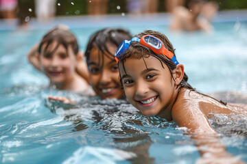 Diverse young children enjoying swimming lessons in pool, learning water safety skills, showing joy and camaraderie, representing a healthy lifestyle.	
