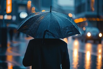 A person standing in the rain while holding an umbrella. Can be used to depict protection, weather, or staying dry