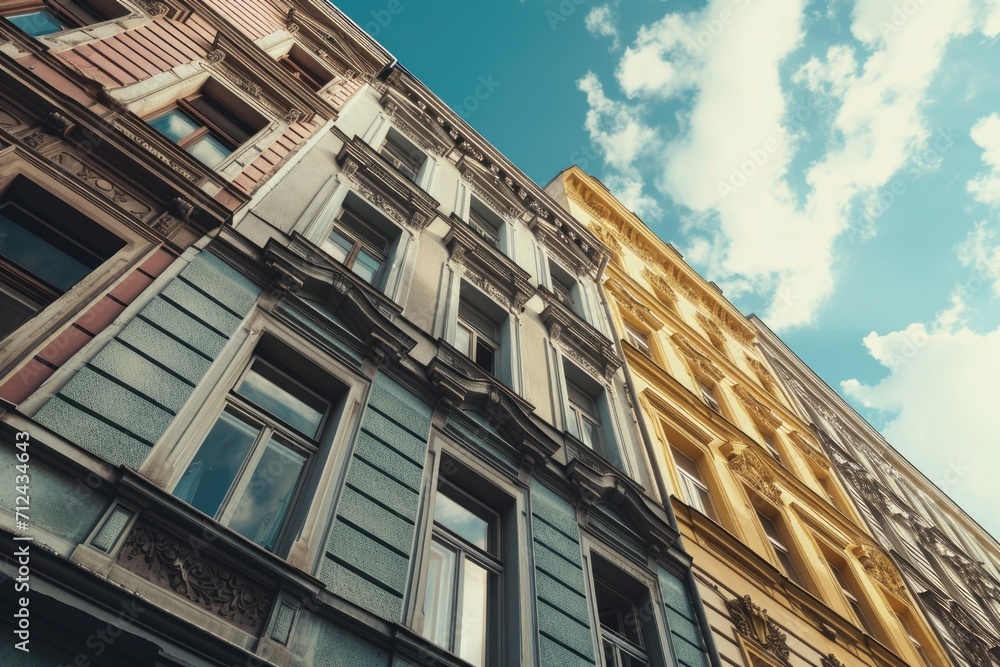 Poster A tall building with many windows against a sky background. Suitable for architectural and urban concepts