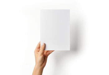 Hand holding blank paper. PNG isolated on transparent background. 