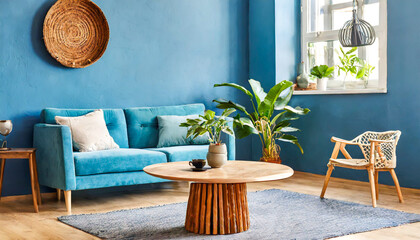 Round coffee table near blue sofa. Wooden shelf with home decor and houseplant against blue wall with copy space. Scandinavian home interior design of modern living room