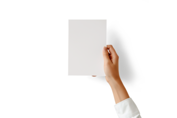 Hand holding blank paper. PNG isolated on transparent background. 