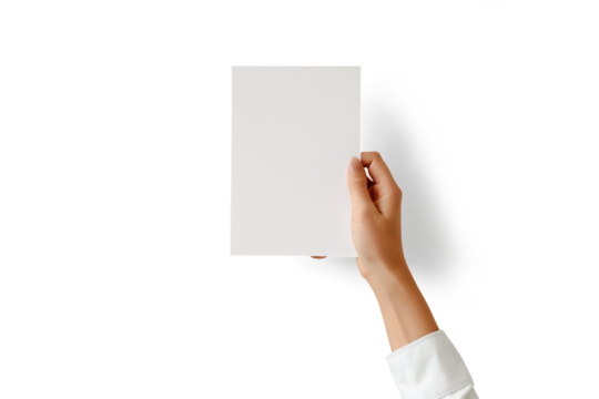 Hand holding blank paper. PNG isolated on transparent background. 