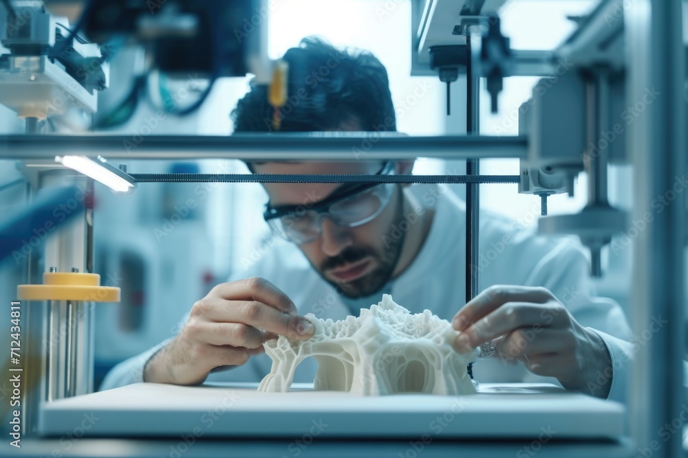 Aufkleber A man is seen working on a 3D printed object. This image can be used to showcase the process of 3D printing and the advancements in technology