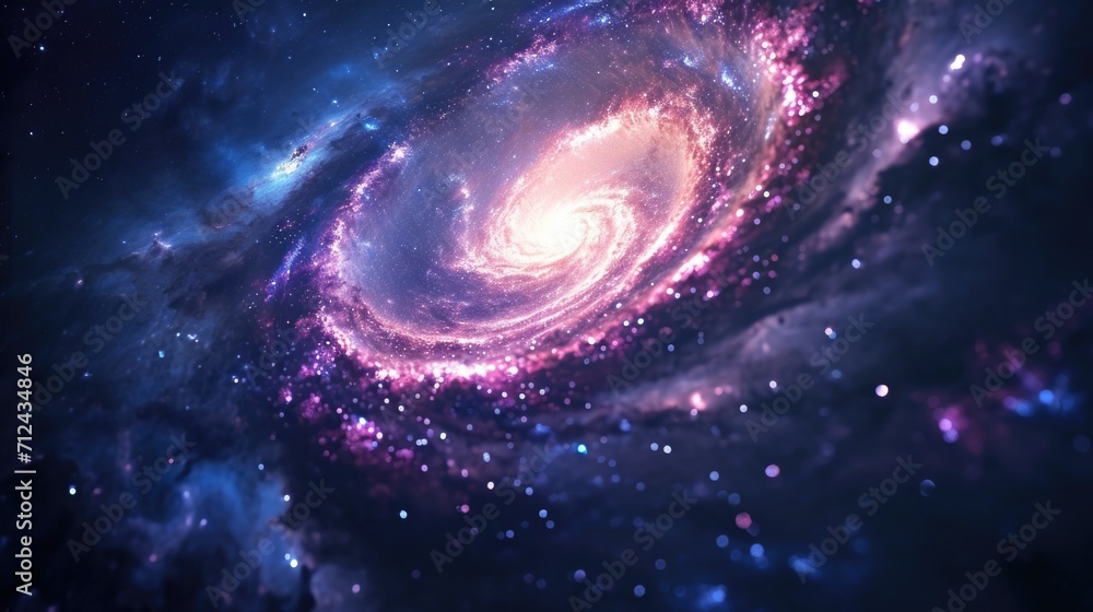 Poster a captivating image of a spiral galaxy filled with countless stars. perfect for illustrating the bea