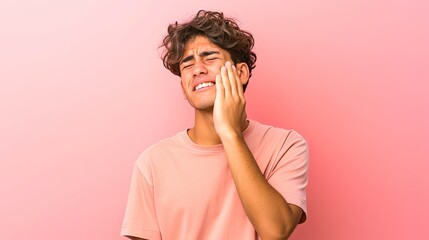 Man Experiencing Severe Toothache Pain Touching Jaw. - obrazy, fototapety, plakaty