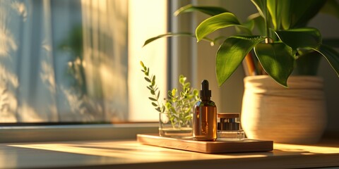 A bottle of essential oil sitting on a counter next to a potted plant. This image can be used to depict aromatherapy or natural remedies - obrazy, fototapety, plakaty