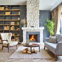 Sofa and chair in room with fireplace and book shelf. Scandinavian style home interior design of modern living room.