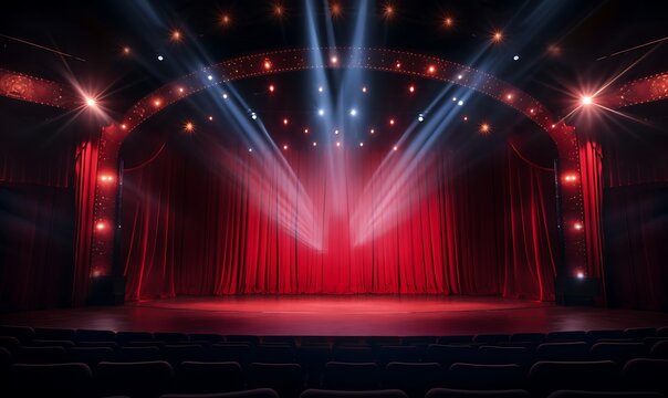 Theater stage lights background with spotlights illuminating the stage for opera performance. Stage lighting. Empty stage with bright color background decoration. Entertainment show. Generative Ai
