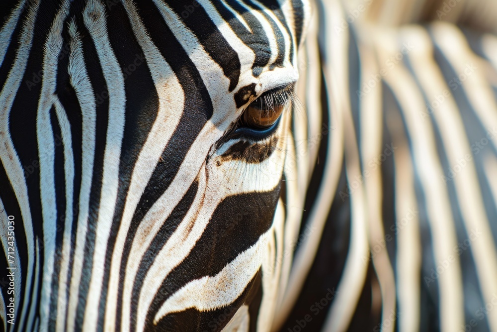 Poster A detailed close-up view of a zebra's eye. This image can be used to showcase the intricate patterns and textures of a zebra's eye. Ideal for wildlife publications or educational materials