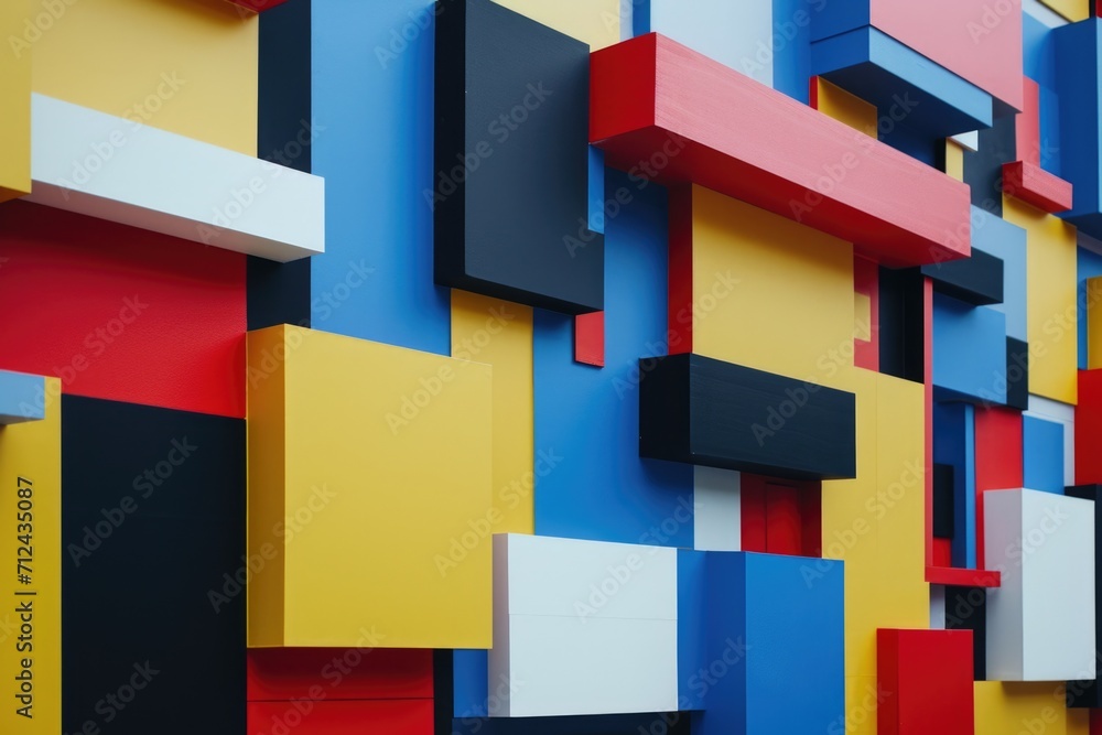 Poster A vibrant wall adorned with square blocks in various colors. Perfect for adding a pop of color and modern design to any space