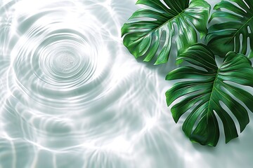 Ethereal Nature Lush Green Monstera Leaves Floating on Gentle Waves of Crystal Clear Water Illuminated by Soft Light