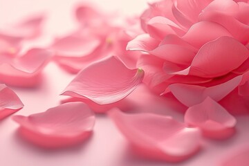 Elegant Pink Petals A Close-Up View of a Blooming Flower Surrounded by Scattered Petals, Capturing the Essence of Spring and Renewal