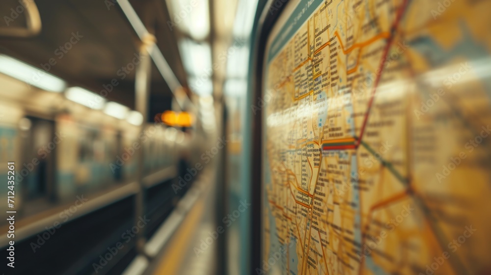 Poster a subway station with a map displayed on the wall. suitable for transportation and travel concepts