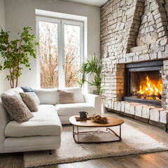 White corner sofa near fireplace. Scandinavian home interior design of modern living room.