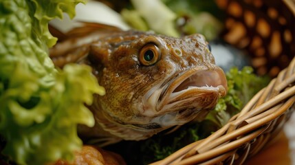 A detailed view of a fish placed in a basket alongside fresh lettuce. This image can be used to showcase seafood dishes or highlight the freshness of ingredients