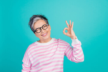 Photo of cute funky woman dressed pink pullover eyewear showing okey gesture winking empty space isolated teal color background