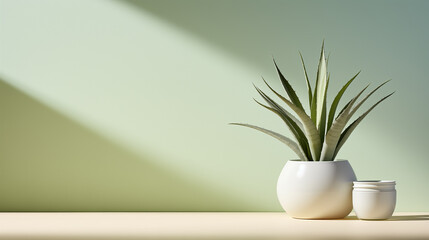 green aloe plant in white pot on light background 