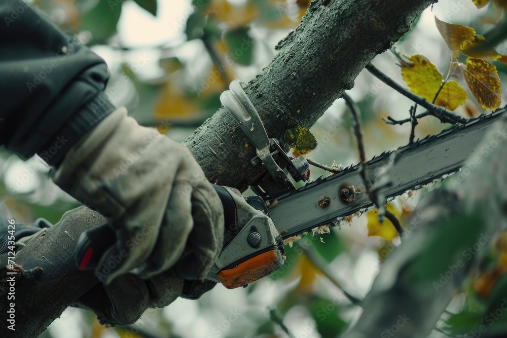 Poster A person is using a chainsaw to cut down a tree. This image can be used to depict tree removal, deforestation, or logging activities