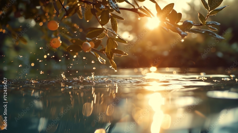 Poster sunlight filtering through the vibrant leaves of an orange tree. perfect for nature-themed designs a