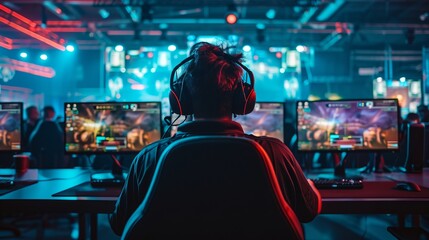 Naklejka premium Man With Headphones Playing Video Game