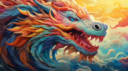 colorful chinese dragon with abstract art painting