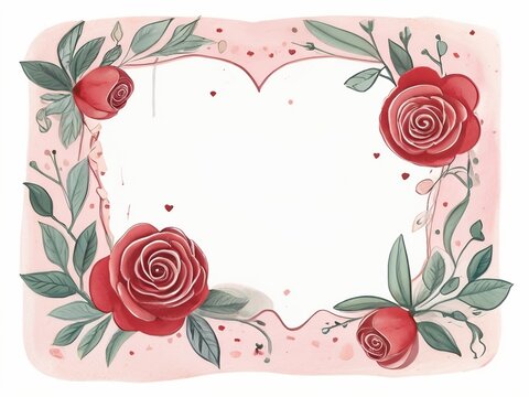 Watercolor valentine's day greeting card with heart and roses  and empty place for text or photo