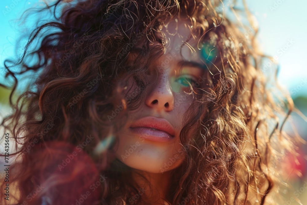 Poster a detailed view of a person with long hair. this image can be used in various contexts