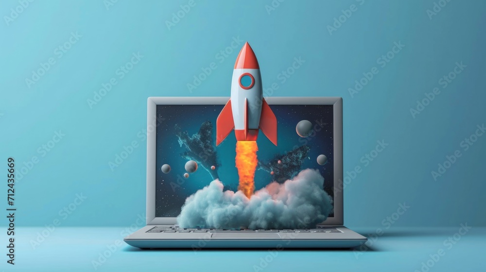 Poster a laptop featuring a rocket on its screen. perfect for technology or innovation concepts