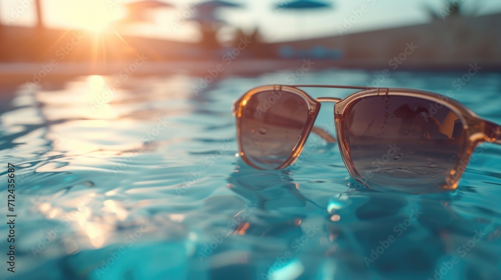 Poster a pair of sunglasses sitting on the edge of a pool. perfect for summer themes and vacation concepts