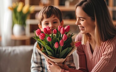 Fototapeta na wymiar A boy smiling and giving a bouquet of tulips to his young mother on International Women's Day