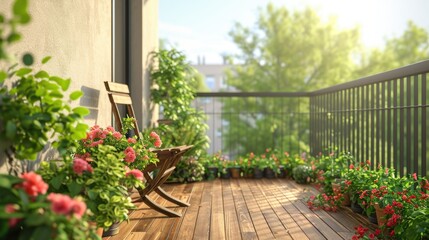 Fototapeta na wymiar A balcony with a bench and vibrant flowers. Perfect for adding a touch of nature to any space