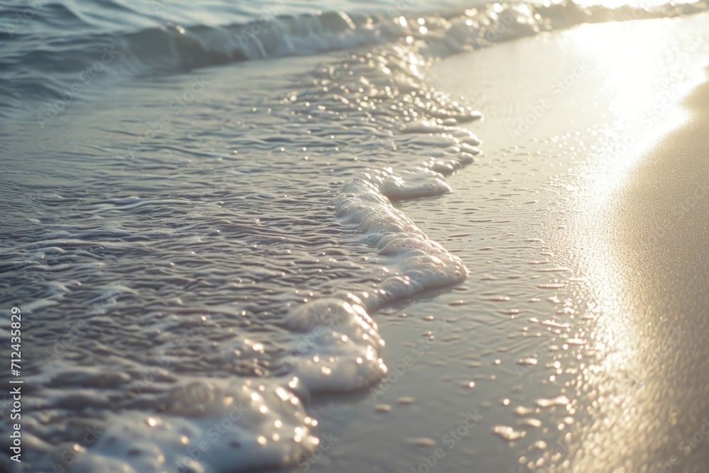 Poster a close-up view of a wave crashing onto the sandy beach. this image captures the power and beauty of