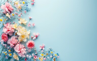 Pastel-colored spring background with flowers on the side, flat lay with copy space