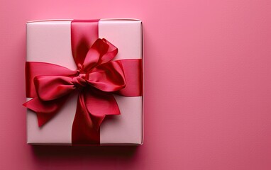 Pink and red Valentine's Day present beautifully wrapped with a red bow on a simple, modern background, flat lay with copy space