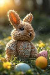 Easter bunny, eggs and Sunset for holiday, vacation and festive season with pastel color, chocolate and cute face. Sunshine, rabbit and animal portrait in vintage vehicle for creative celebration art