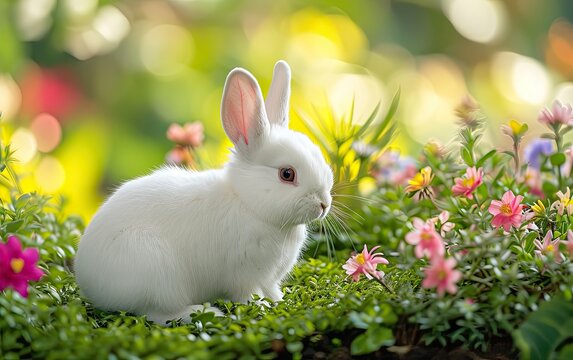 A photo of a cute white Easter bunny sitting on the grass, surrounded by spring flowers in nature