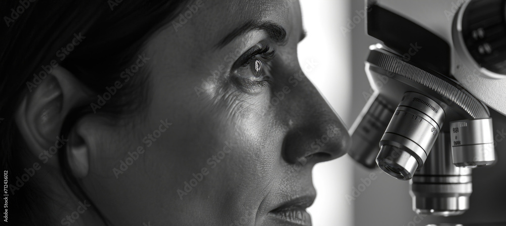 Poster close-up image of a person looking through a microscope. suitable for scientific research or educati